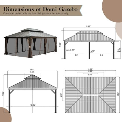 Domi Hardtop Gazebo 14x20FT, Outdoor Gazebo with Galvanized Steel Double Roof, Aluminum Frame, Built-in Gutter System, Curtain and Netting, Metal Gazebo Pavilion for Patio Deck Garden, Brown - WoodArtSupply