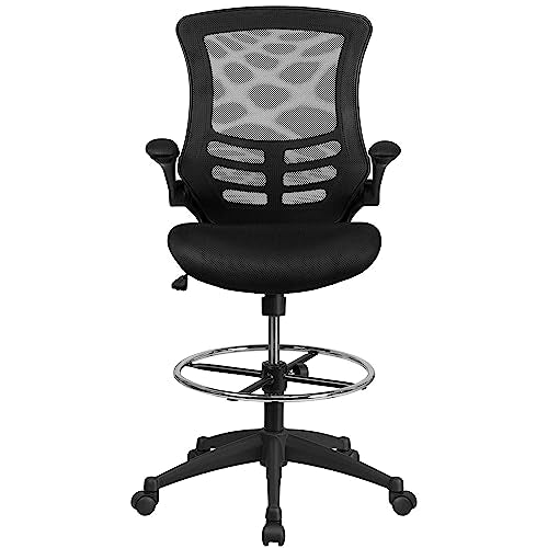 Flash Furniture Kelista Mid-Back Swivel Office Chair with Adjustable Seat Height, Ergonomic Mesh Desk Chair with Flip-Up Armrests, Black - WoodArtSupply