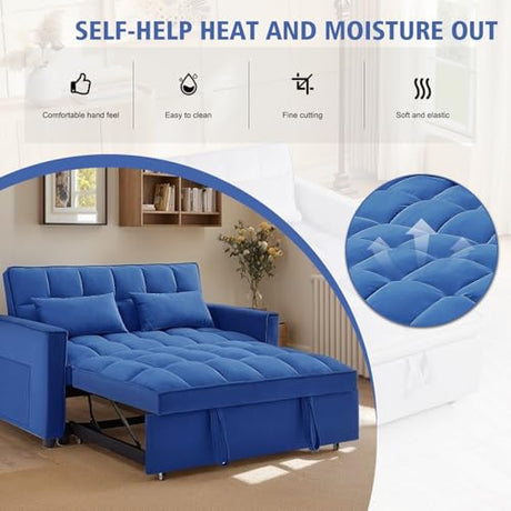 3 In 1 Velvet Convertible Sofa Bed, Pull Out Couch Bed with Reclining Backrest And 2 Pillows, 54" Full Size Loveseat Sleeper Sofa Futon Couch Beds, Couches For Small Spaces, Living Room (Dark Blue) Xinmviec