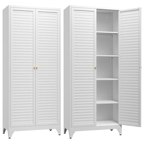 SteeLoong Kitchen Pantry Cabinet,75" Metal Storage Cabinet with Doors and 4 Adjustable Shelves,White Tall Locker Organizer Steel Garage Cabinets for Tool,File Cabinet for Office,Kitchen,Garage,School SteeLoong