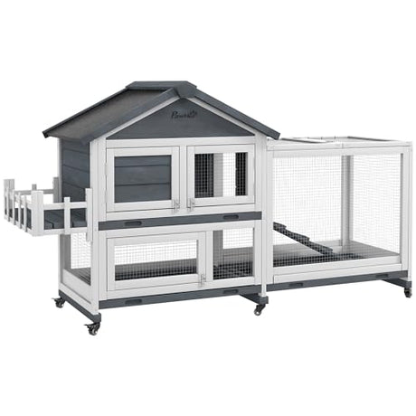 PawHut 65" Wooden Rabbit Hutch, Guinea Pig Hutch, Pet Playpen with Openable Roof, Bunny House Enclosure with Wheels, Storage Box, Slide-Out Tray, Ramp for Small Animals, Gray PawHut