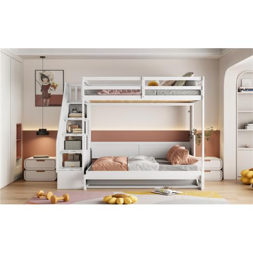 Full Murphy Bunk Bed with Desk and Hydraulic Lift, Full Over Full Size Murphy Bed with Storage Stairs, White Bellemave