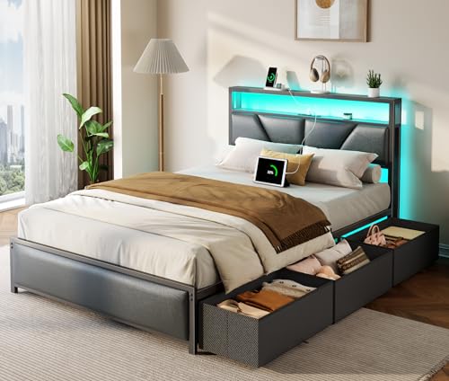 OURPIC Full Size Bed Frame, 2-Tier Storage Headboard & 6 Drawers, PU Leather Upholstered Platform Bed Frame Full with Charging Station and LED Lights, No Box Spring Needed, Noise Free OURPIC