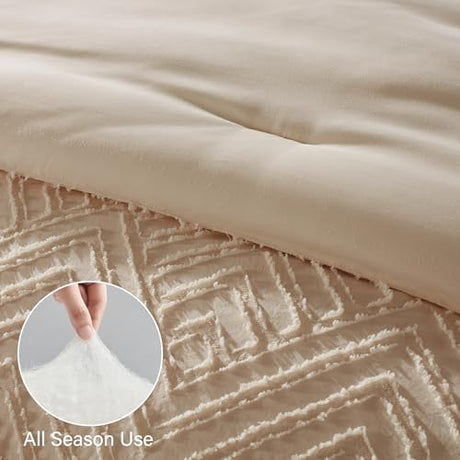 Zzlpp Twin Comforter Set 5 Pieces, Beige Tufted Bed in a Bag with Comforter, Pillow Sham, Pillowcase, Flat Sheet, Fitted Sheet - All Season Boho Bedding Sets Zzlpp