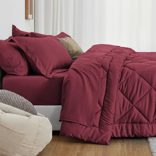 Love's cabin Full Comforter Set Burgundy, 7 Pieces Full Bed in a Bag, All Season Bedding Sets with 1 Comforter, 1 Flat Sheet, 1 Fitted Sheet, 2 Pillowcase and 2 Pillow Sham Love's cabin