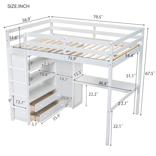 Loft Bed Full Size with Built-in Wardrobe, Desk, Storage Shelves and Drawers, Solid Wood Loft Bed Frame for Kids Teens Adults (White) BEDGJH