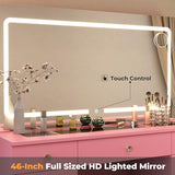 Furnivado Vanity Mirror with Lights, Vanity with Lighted Mirror, 11 Drawers Makeup Vanity Desk with 3 Lighting Modes Adjustable Brightness, Pink Vanity with Glass Top for Bedroom Furnivado