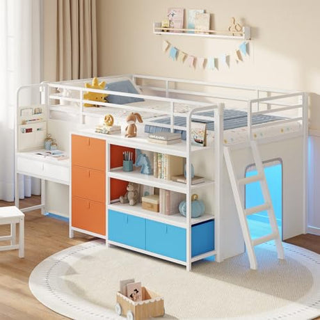 DICTAC Low Loft Bed with Desk and 6 Storage Drawers Twin Loft Bed with Bookshelf,LED Lights & Under-Bed Play Space,Kids Twin Beds with 13.8''H Safety Guardrail,Inclined Ladder & Play Curtain,Colorful DICTAC