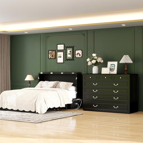 Keloyid Queen Murphy Bed Included Mattress：Wood Murphy Bed Cabinet with USB Charging Station and Large Storage Drawer for Bedrooms/Guest Rooms/Apartments, Black Walnut Color-2 Keloyid