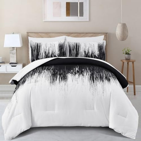 Dinjoy Ombre Black Comforter Set King Size Gradient Black White Boho Bedding Set for Teen Men Women 7 Pieces Bed in A Bag Bohemian Bed Set with Comforter, Sheets, Pillowcases & Shams Dinjoy