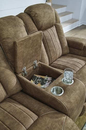 Signature Design by Ashley Wolfridge Contemporary Faux Leather Power Reclining Loveseat with Console, Cup Holders and USB Ports, Light Brown Signature Design by Ashley