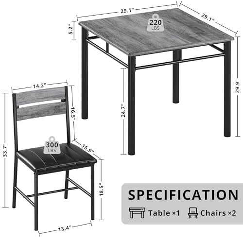 IRONCK Dining Table Set for 2, Small Kitchen Table with Upholstered Chairs for Kitchen & Dining Room, Compact Dining Set for Small Spaces, Gray IRONCK
