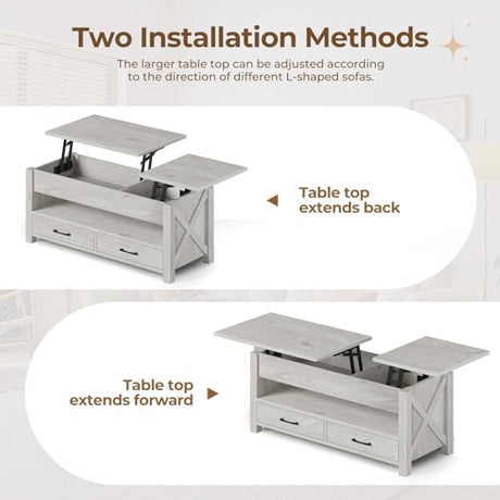 Seventable Coffee Table, 47.2" Lift Top Coffee Table with 2 Storage Drawers and Hidden Compartment, Retro Center Table with Wooden Lift Tabletop for Living Room, Gray Seventable