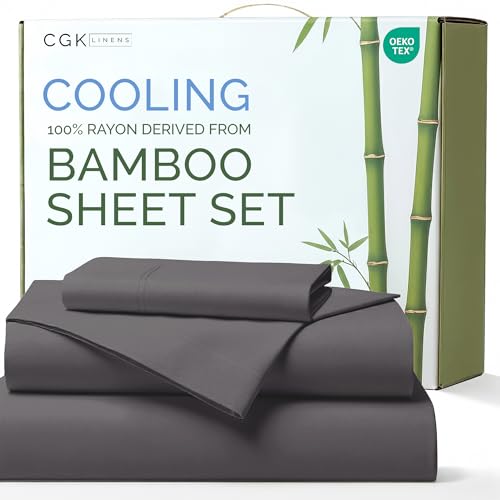 100% Rayon Derived From Bamboo - Bamboo Sheets Twin Size - Cooling Sheets for Twin - Soft, Breathable & Hotel Luxury Bedding - 1 Flat & 1 Fitted & 1 Pillowcase with 16 Inch Deep Pockets - Dark Grey CGK Unlimited