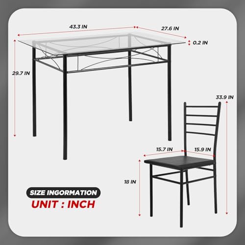 FDW Classic Dining Table Set 5 Piece,Metal Frame Glass Top Table and 4 Rectangular Modern Chairs Set,Suitable Small Space Kitchen Table Set for 4,Black FDW