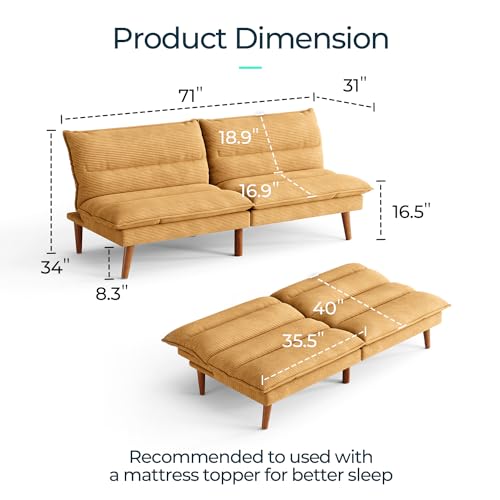 LINSY Futon Sofa Bed - 71 Inch Corduroy Futon Couch with Adjustable Backrest Convertible Folding Futons Sofa Couches for Small Spaces Living Rooms Apartment Office (Yellow) LINSY