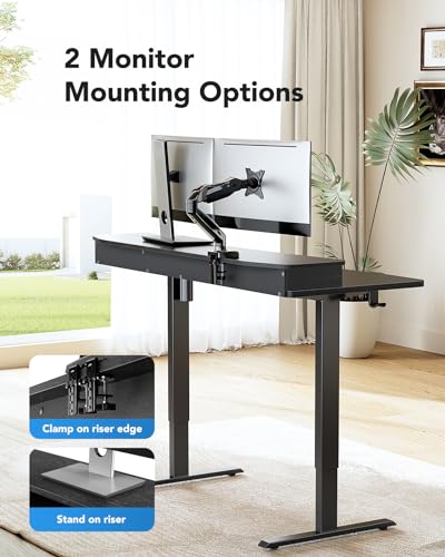 HUANUO 55″ x 26″ Electric Standing Desk with 2 Drawers, C-Clamp Mount Compatible, Height Adjustable Computer Desk, Home Office Stand Up Desk with 4 Preset Heights & 2 Hooks, Black HUANUO