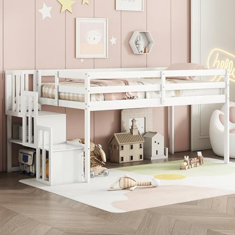 Twin Size Low Loft Bed with Stairs,Kids Loft Bed with Storage Staircase,Twin Bed Frame for Kids Boys Girls,White Bellemave