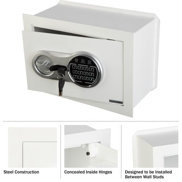 Wall Safe - Digital Safety Box with Passcode for Quick Access and Backup Key - Personal Safe for Cash or Jewelry - Wall Safes by Paragon (White) Stalwart