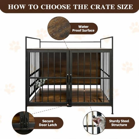 41 Inch Dog Crate Furniture for Large Dogs, Wooden Indoor Dog Cage with Double Doors, Built-in 360° Swivel Bowls, Comfortable Flat Floor, Rustic Style End Table Kennel Zoolati