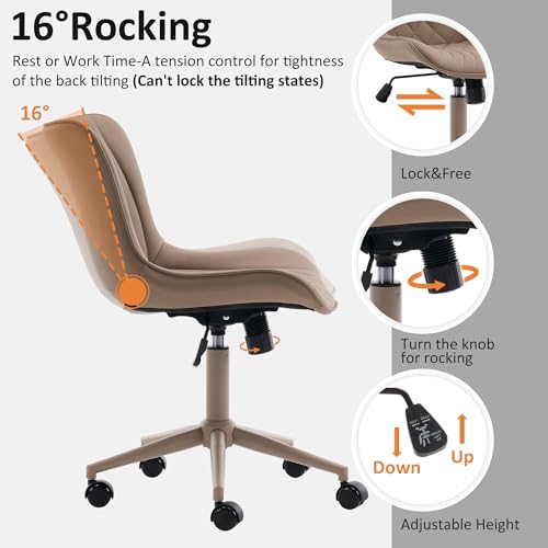 YOUTASTE All Khaki Office Chair, Modern Armless Desk Chair with Back, Adjustable Swivel Rolling Faux Leather Task Chair with Wheels Metal Base for Home Office, Study, or Vanity YOUTASTE