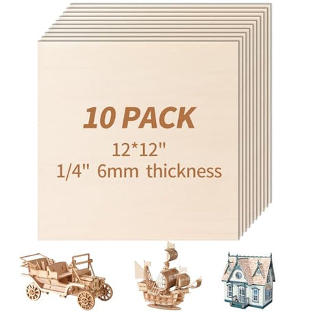 10 Pack-12x12'' Basswood Sheets 1/4 for Crafts Inch 6mm Unfinished Basswood Sheets.Plywood Sheets Used for DIY Projects, Laser Engraving, Wood Burning, Staining, Model Making & More LINAUSTFB