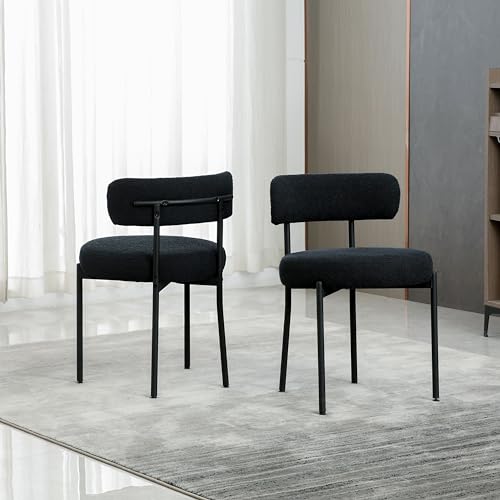 DYHOME Black Boucle Dining Chairs Set of 4, Modern Upholstered Dining Chairs with 4" Thick Cushion and Sturdy Metal Legs for Dining Room, Kitchen DYHOME