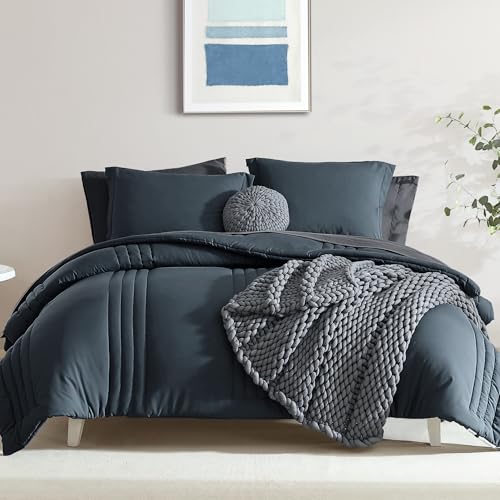 Monbix Queen Comforter Set - 7 Pieces Blue Gray Bed in a Bag Queen Bedding Sets with Comforters, All Seasons Comforter Bed Set with Sheets,Pillowcases & Shams Monbix