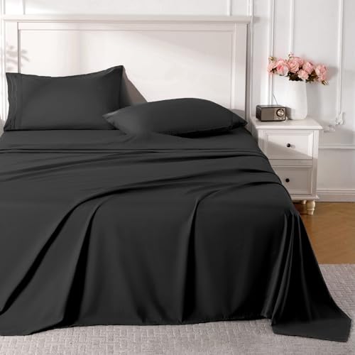 ROSE&RISY Black Full Sheet Set, 4 Pieces Soft Bedding Queen Sheet Set, Breathable and Cooling,Includes 1 Fitted, 1 Flat, 2 Pillow Cases - Deep Pocket (Black, Full) ROSE&RISY