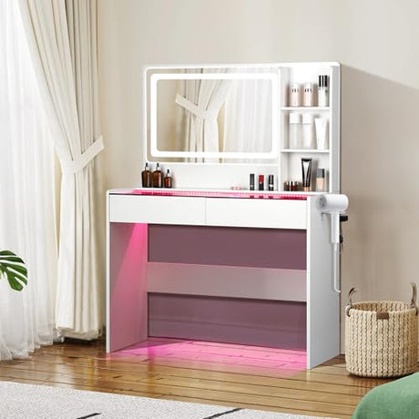 Cielozen Vanity Desk,Makeup Vanity Desk with Mirror and Lights,Transparent Top with LED Multiple Color Lights,Mirror 3 Color Modes 2 Drawers,Power Outlet,Dressing Table for Girls Bedroom,White Cielozen