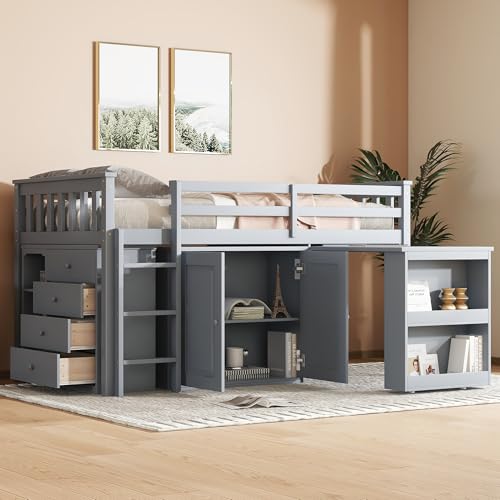 Merax Loft Bed Twin Size with Pull Out Desk, Low Loft Bed with Underneath Cabinet, 3 Side Drawers and Shelves, Wood Bed Frame with Guardrails and Ladder, Wood Slat Support, No Box Spring Need, Gray Merax
