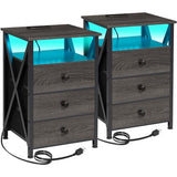 AMHANCIBLE Night Stand Set 2, LED Nightstand with Charging Station, End Side Tables with USB Port & Outlet, Bedside Table with Fabric Drawers for Bedroom Living Room, Dark Grey, HET053LDG AMHANCIBLE