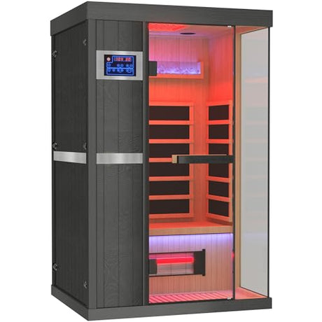 QUYZE 1-2 Person Ultra Low EMF Infrared Sauna, Indoor Wood Sauna with Red Light Therapy & Bluetooth Speakers, Hemlock Home Saun Room/w Control Panel and Tempered Glass Door for Home (Black) QUYZE