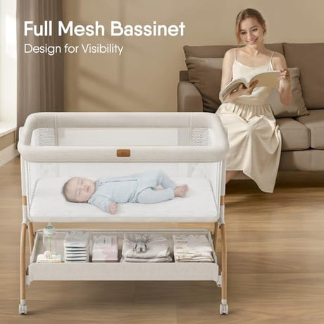 Baby Bassinet Bedside Crib, 3-in-1 Baby Bassinet Bedside Sleeper with Mattress and Soft, Breathable Sheet, Full-Mesh Sides, 6-Height Adjustable, Stable and Secure Crib for Newborns BabyBond