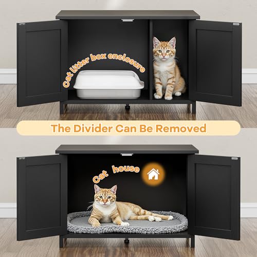 Shintenchi Cat Littler Box Enclosure, Litter Box Furniture Hidden with Removable Divider, Cat House with End Table, Black Shintenchi