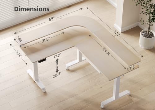 Claiks 63" L Shaped Standing Desk with Drawers and LED Lights, Height Adjustable Electric Corner Standing Desk with Monitor Stand & Power Outlet, 4 Memory Preset, Nature Claiks