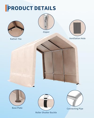 10X15 FT Heavy-Duty Portable Outdoor Storage Shed with Roll-Up Zipper Door & Vent, 240g Waterproof Carport Storage Shelter, UV-Resistant Canopy for Motorcycle, Firewood, Tools -Gray ﻿ ActiveTrail