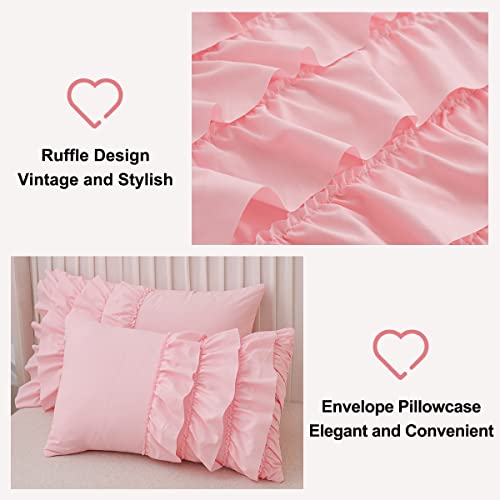 Holawakaka Pink Waterfall Ruffle Comforter Set Twin Size Multi-Layers Ruffled Shabby Chic 3PCS Bedding Set for Girls Women Holawakaka