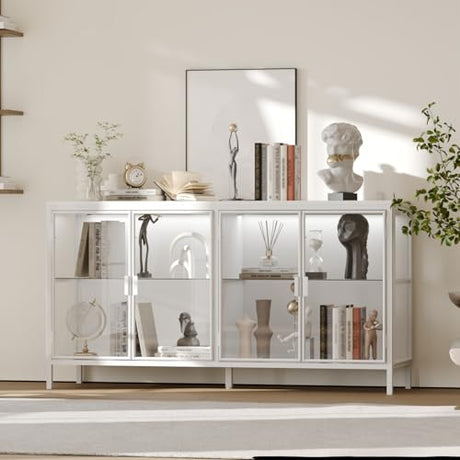 FUNISIR Buffet Cabinet with Storage & LED Light, 55.1" Large Kitchen Sideboard with 4 Glass Doors, Modern Coffee Bar with Metal Frame, Console Table for Living Room, Dining Room, White FUNISIR