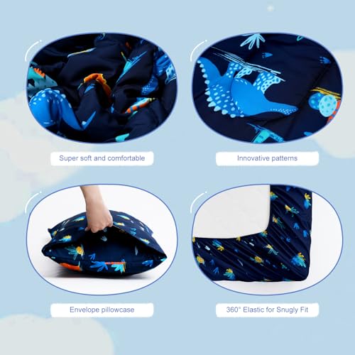 david's kids 4 Piece Toddler Bedding Set - Soft Breathable Toddler Bedding Set for Boys Girls, Includes Quilted Comforter, Flat Sheet, Fitted Sheet and Pillowcase, Dinosaur Navy david's kids