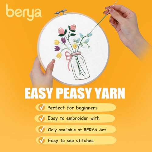 BERYA Flowers Embroidery Kit Including Video Step by Step Instructions Embroidery Hoop,Color Threads and Embroidery Scissors for Beginners-Handmade Needlepoint Kits for Adults
