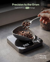 Maestri House Mini Coffee Scale with Timer, USB-C Rechargeable Espresso Scale, 2kg/0.1g Accurate Scale for Espresso and Pour-Over Coffee, Portable Digital Kitchen Scale with Auto Timer (Black&Silver)