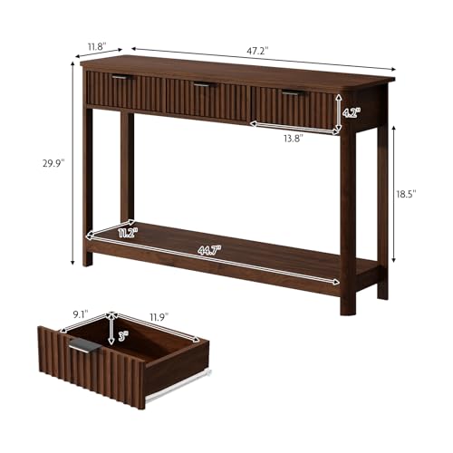 HOKYHOKY Fluted Console Table with Drawers, Modern 47.1" Entryway Table with Storage Shelf, Boho Narrow Skinny Behind Couch Wood Sofa Table for Living Room Hallway Entrance Foyer,Walnut HOKYHOKY