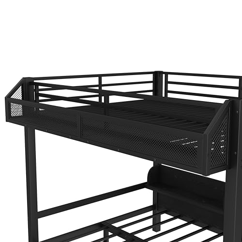 Bellemave Bunk Bed Queen Over Queen，Metal Bunk beds with Storage Shelves and Drawers USB Ports and LED Lights, Lower Bed That can be Converted into a Sofa, Black Bellemave