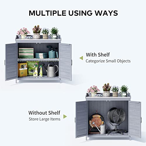 Gizoon Outdoor Potting Bench with Metal Tabletop, Outdoor Garden Patio Wooden Storage Cabinet with Adjustable Shelf, Double Doors Garden Work Bench for Backyard, Patio, Lawn - Grey Gizoon