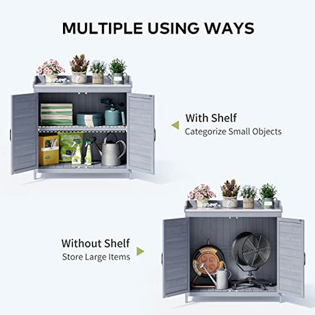 Gizoon Outdoor Potting Bench with Metal Tabletop, Outdoor Garden Patio Wooden Storage Cabinet with Adjustable Shelf, Double Doors Garden Work Bench for Backyard, Patio, Lawn - Grey Gizoon