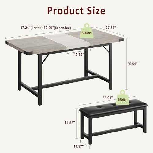 SLEKVERSA 3-Piece Dining Table Set for 4-6 People, Extendable Kitchen Table Set with 2 Upholstered Benches, Dining Room Table Set for Apartment, Kitchen, Living Room, Gray SLEKVERSA