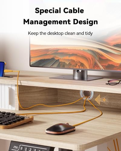 JOY worker Small Electric Standing Desk, 35" x 25" Height Adjustable Desk with Built-in Monitor Stand & Storage Drawer, White Sit Stand Desk with 2 Hooks for Home Office, Light Walnut JOY worker