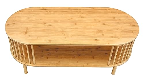 VaeFae Oval Coffee Table, Bamboo Coffee Table for Living Room, 2-Tier Wooden Farmhouse Center Table with Storage Shelf