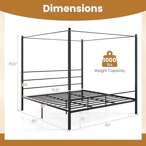 Giantex King Size Metal Canopy Bed Frame, Modern Platform Bed Frame with 4 Poster & Headboard, Mattress Foundation with Sturdy Metal Slat Support, No Box Spring Needed, Easy Assembly, Black